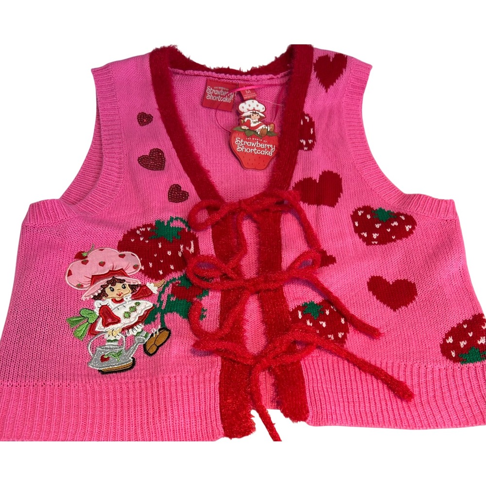 Strawberry Shortcake Pink Knit Sweater Vest Tie Front Hearts Red Trim NWT Medium